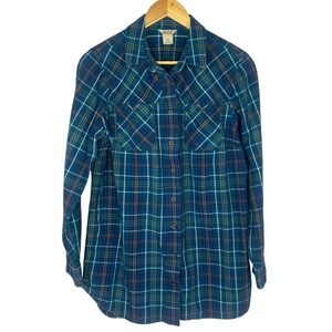 Duluth Trading Co Womens Teal Blue Plaid Cotton Flannel Button Down Shirt Medium